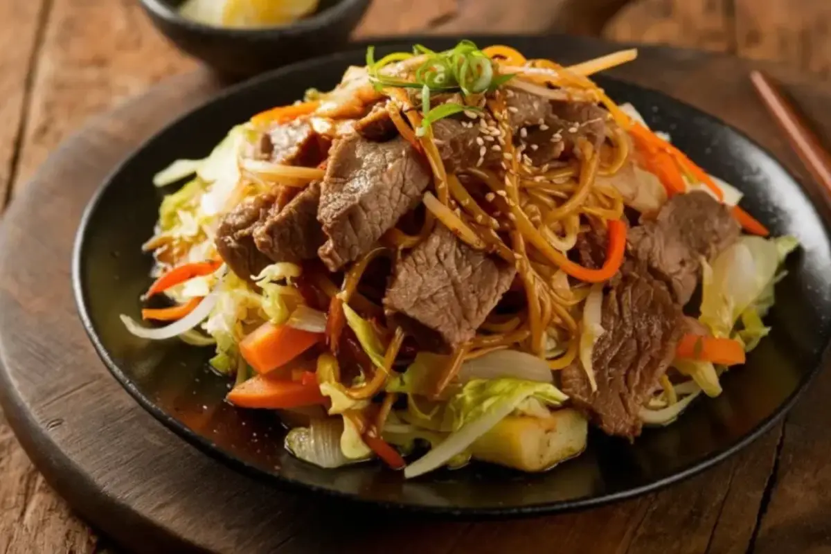 A beautifully plated homemade Beef Yakisoba dish with tender beef, stir-fried noodles, and vegetables garnished with green onions and sesame seeds.