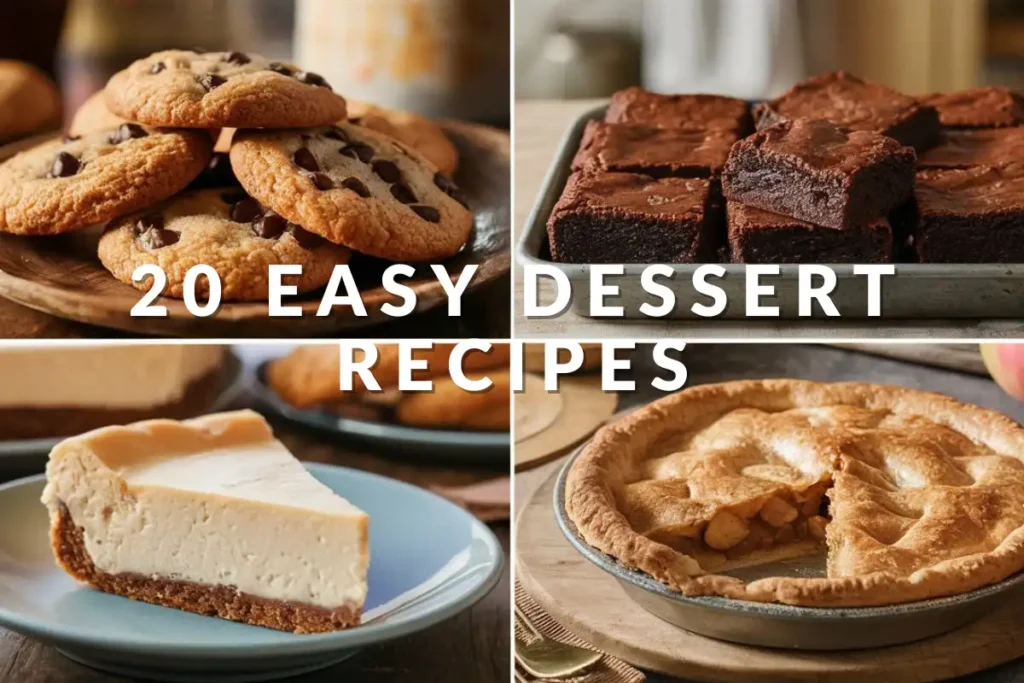 A variety of easy dessert recipes including chocolate chip cookies, brownies, and no-bake cheesecake, all served on a rustic table.