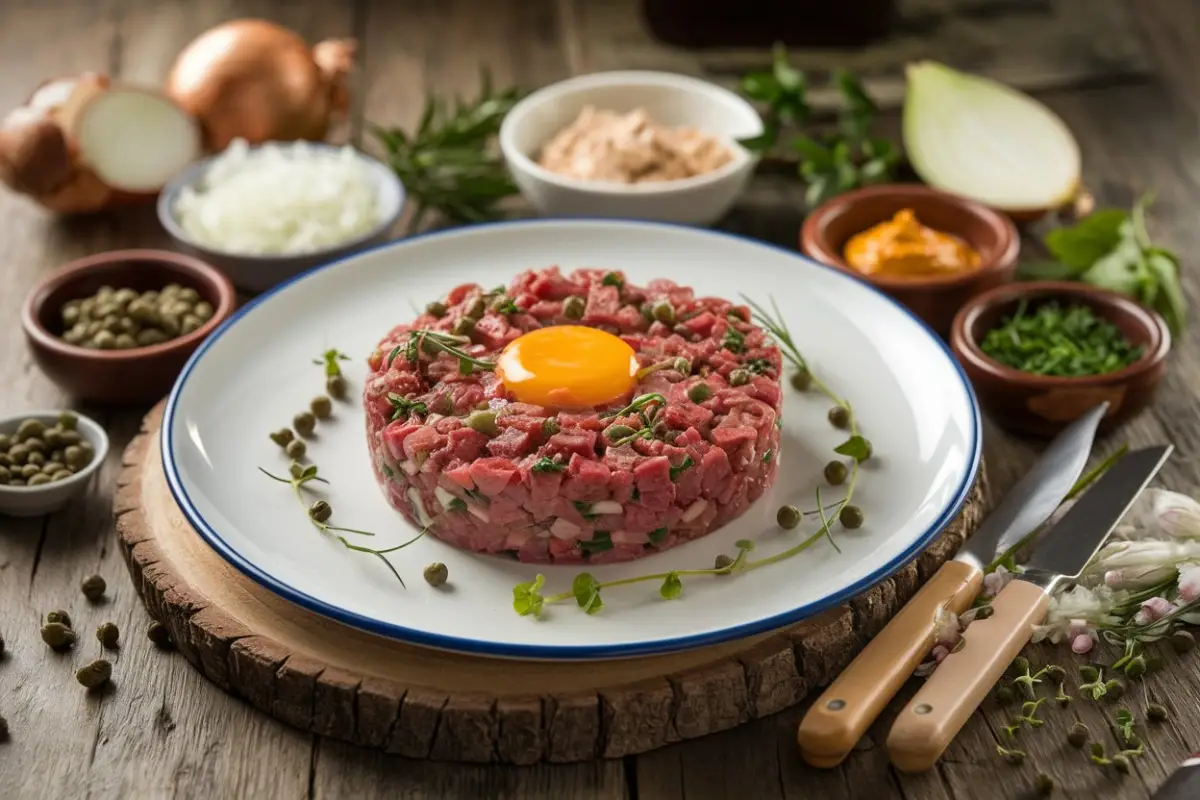 Perfectly plated steak tartare with capers and egg yolk