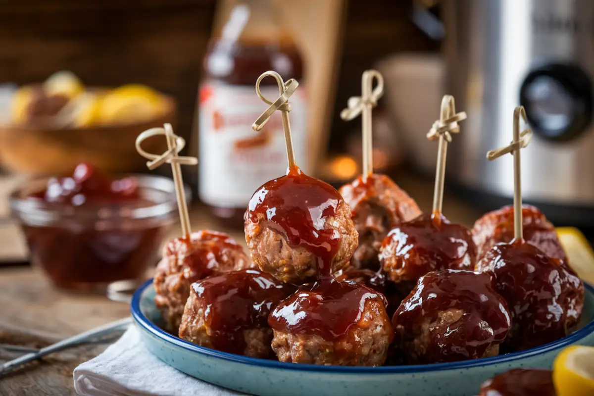 Homemade grape jelly barbecue meatballs with skewers in a rustic kitchen