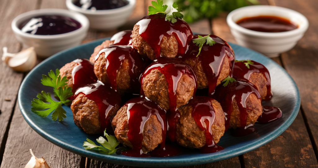 Plate of meatballs glazed with grape jelly and BBQ sauce, garnished with parsley