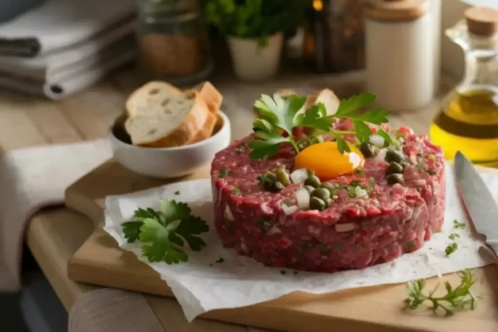 Homemade beef tartare on a white plate with parsley and egg yolk, set on a rustic kitchen table.