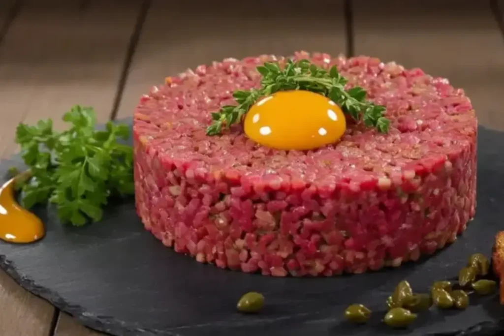 Beef tartare served with raw egg yolk and seasonings.