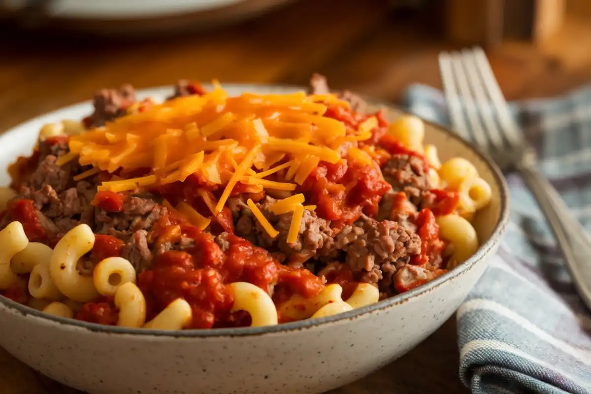 Hearty beefaroni with macaroni and cheese