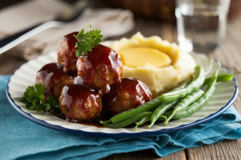 Plate of jelly BBQ meatballs with mashed potatoes and green beans