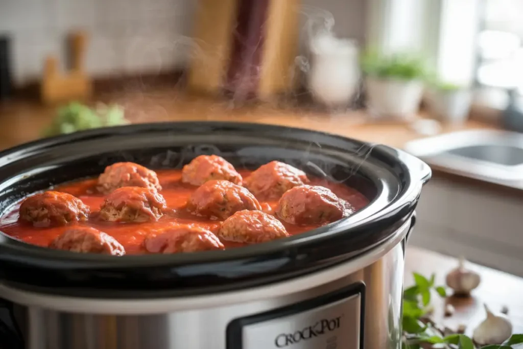 Frozen meatballs cooking in a crockpot