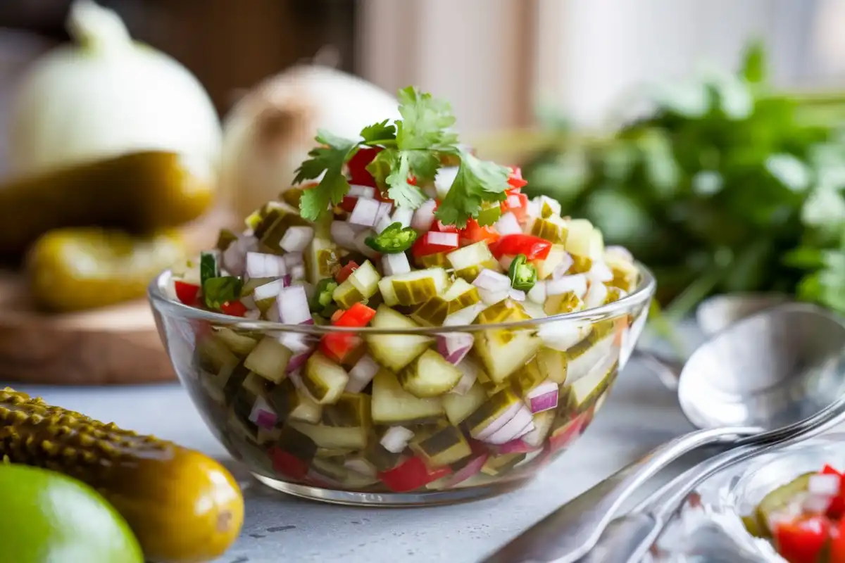 A bowl of freshly made Pickle de Gallo, featuring diced pickles, onions, cilantro, and jalapeños, perfect for adding a tangy twist to any dish.