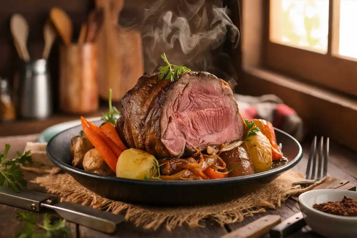 Homemade Chuck Roast with Vegetables on a Rustic Wooden Table