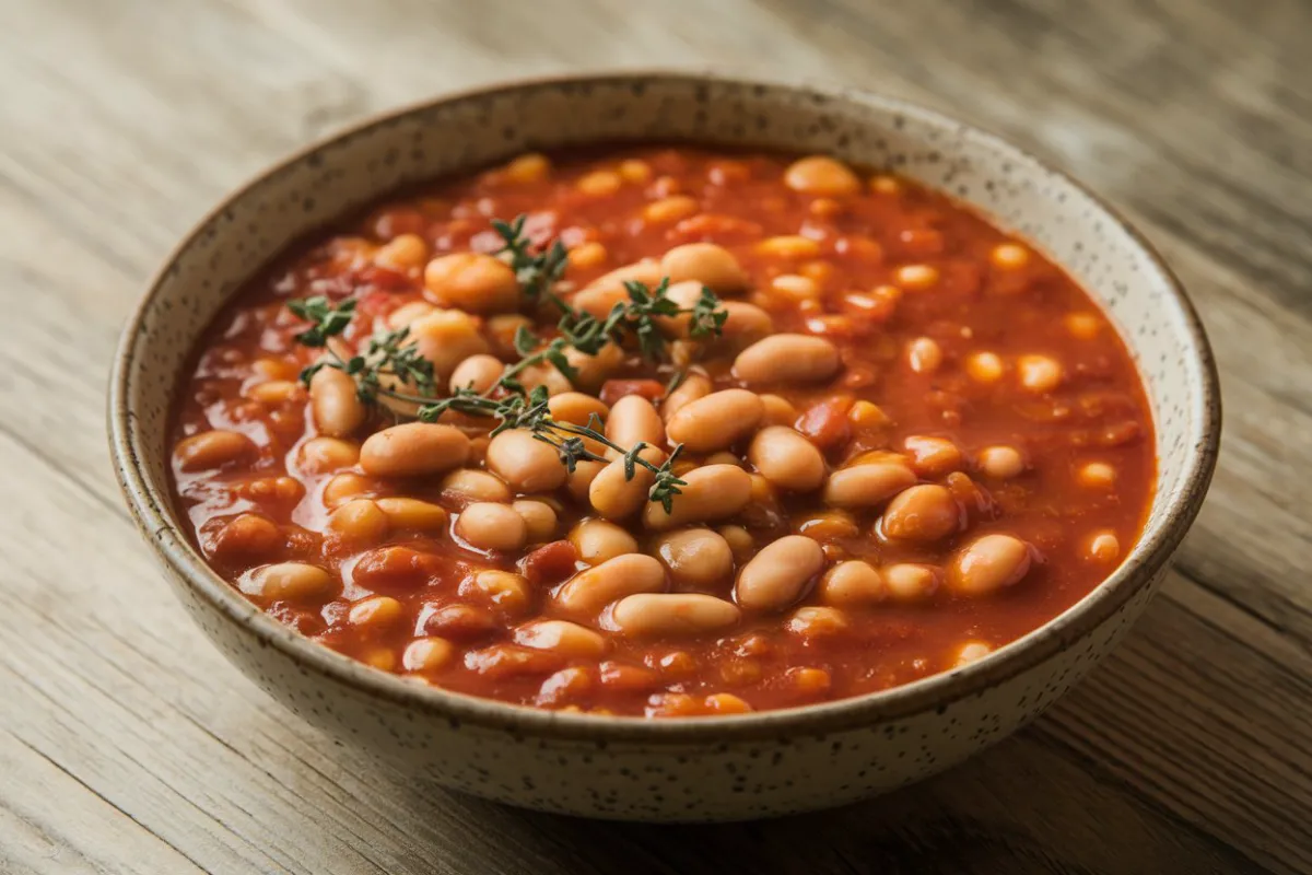 Homemade baked beans in a rustic bowl with a thick tomato sauce and herbs on top