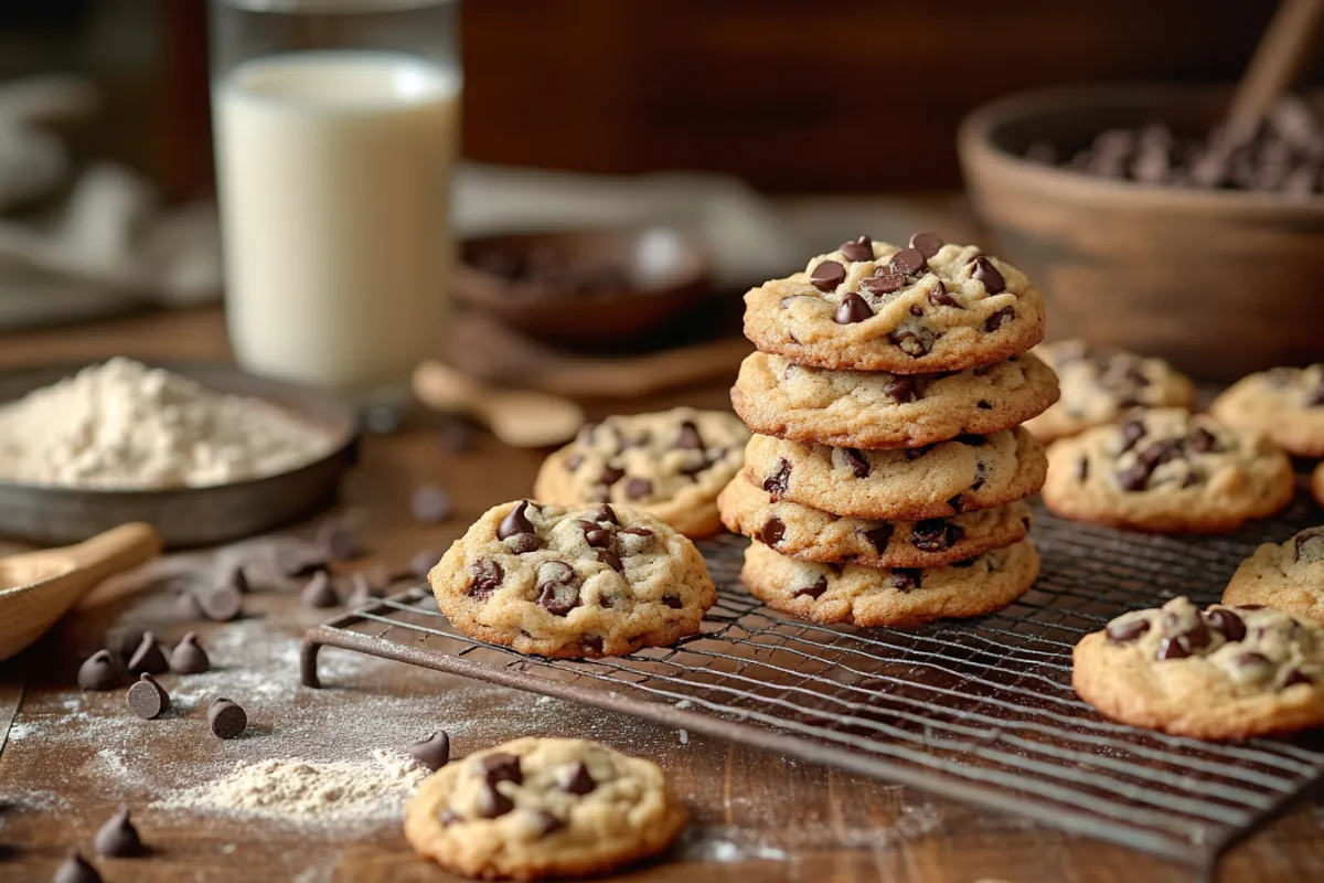 Classic Toll House cookies with chocolate chips on a baking sheet.