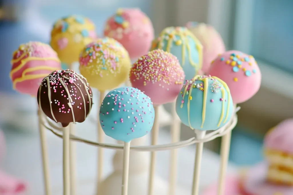 Colorful cake pops with sprinkles displayed on a stand.