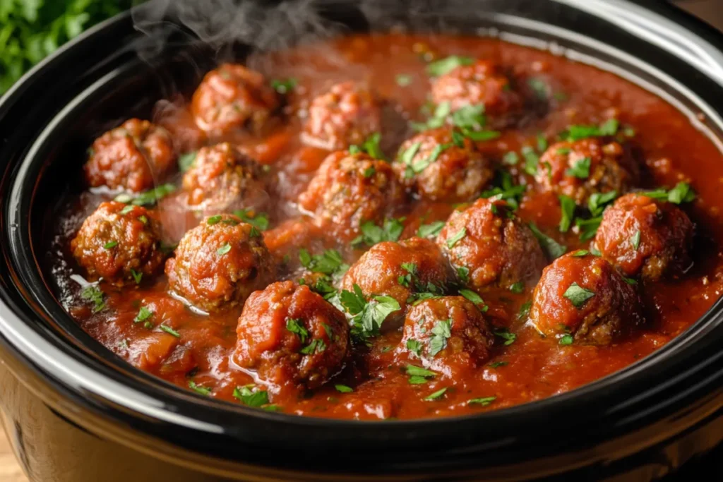 Meatballs cooking in a crockpot with sauce