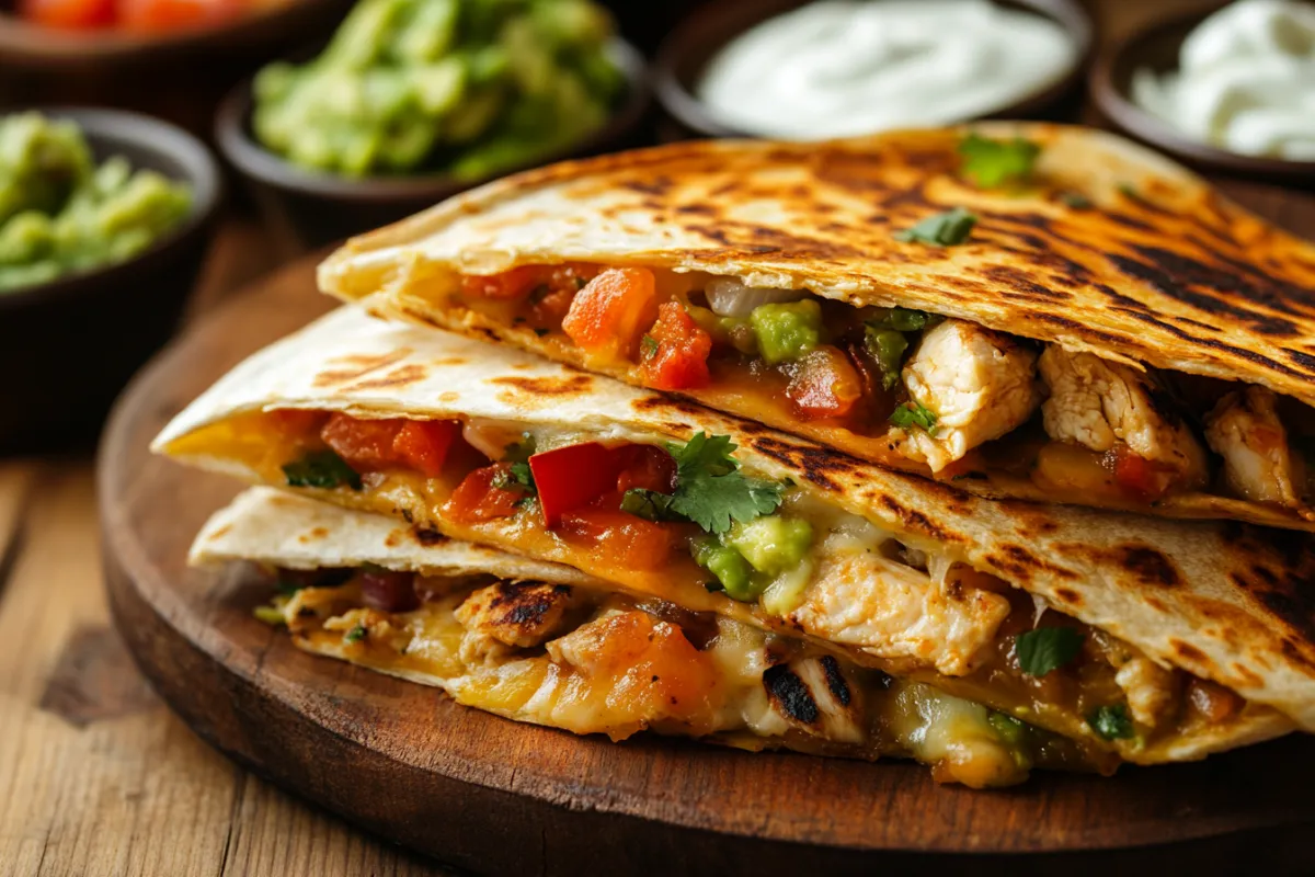 Crispy and cheesy chicken quesadilla with melted cheese and grilled chicken.