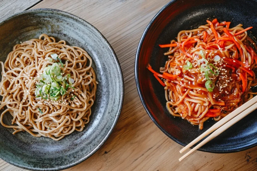 Soba and yakisoba noodles served in traditional Japanese style.