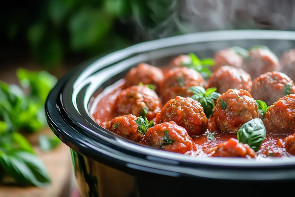 Cooked frozen meatballs being heated in a crockpot with sauce.