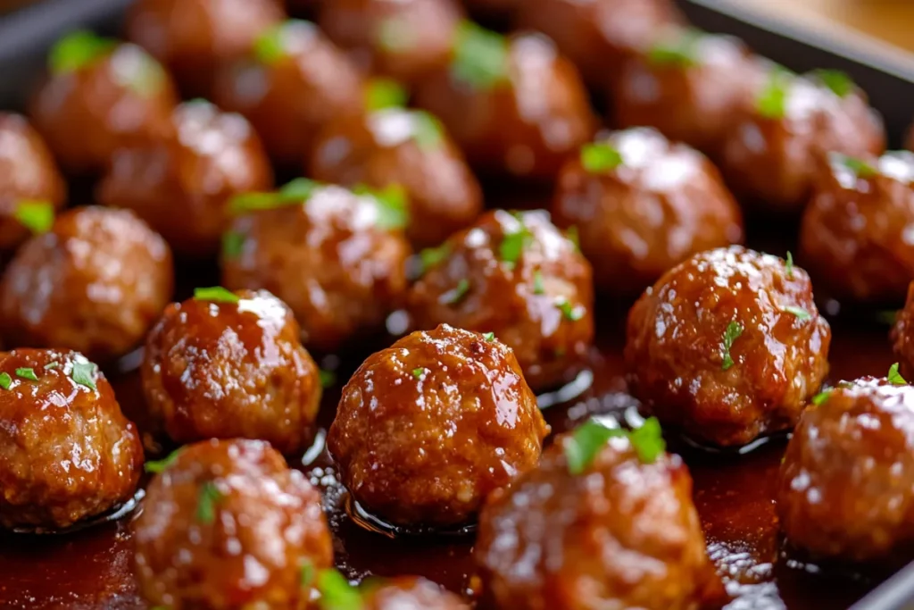 Cooking fully cooked frozen meatballs in an oven with sauce, displaying a quick and easy method for heating frozen meatballs.