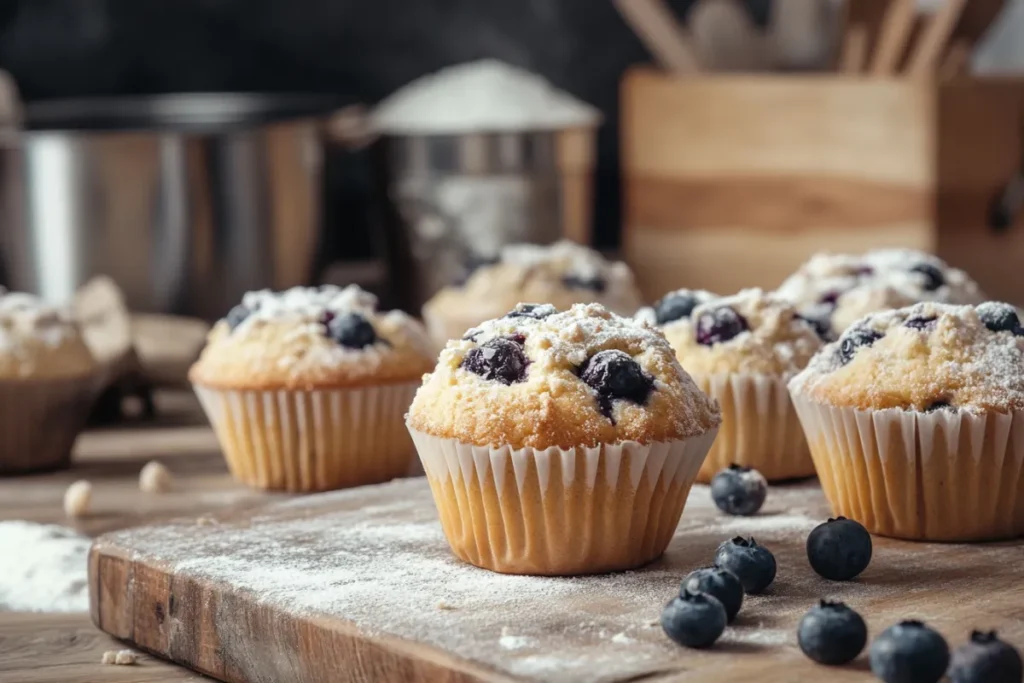 Freshly baked blueberry coffee cake muffins with a crumbly streusel topping