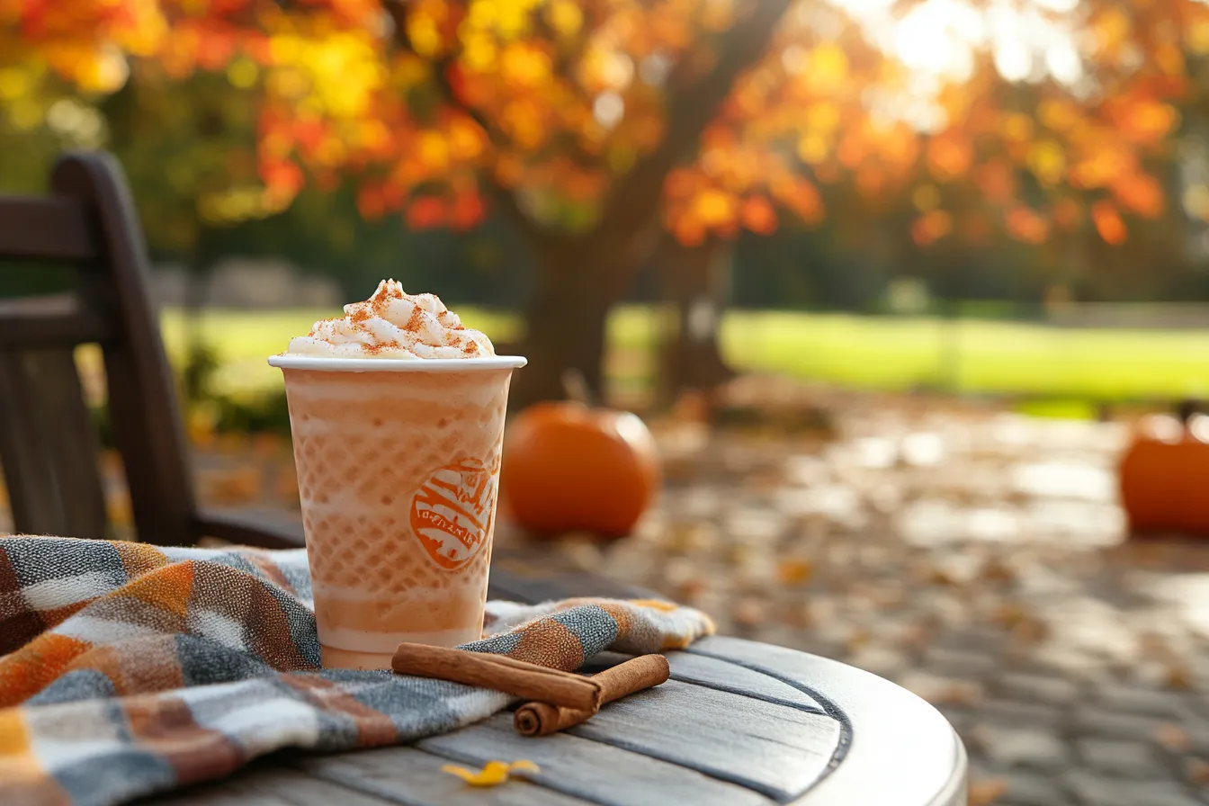 Pumpkin Spice Frosty in a cup with cinnamon sticks and nutmeg.