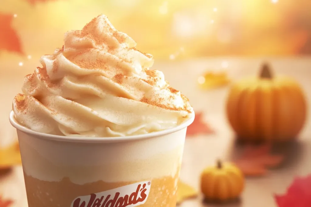 Wendy’s Pumpkin Spice Frosty in a cup with a spoon, showcasing its creamy texture and rich fall flavor.