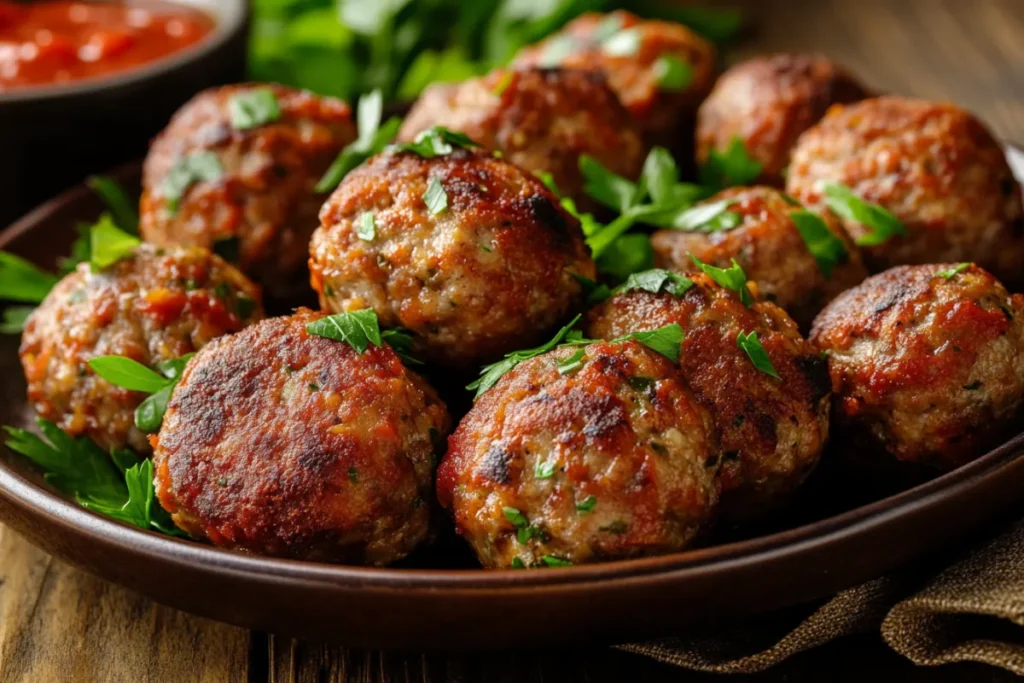 Perfectly cooked frozen plant-based meatballs on a plate with herbs