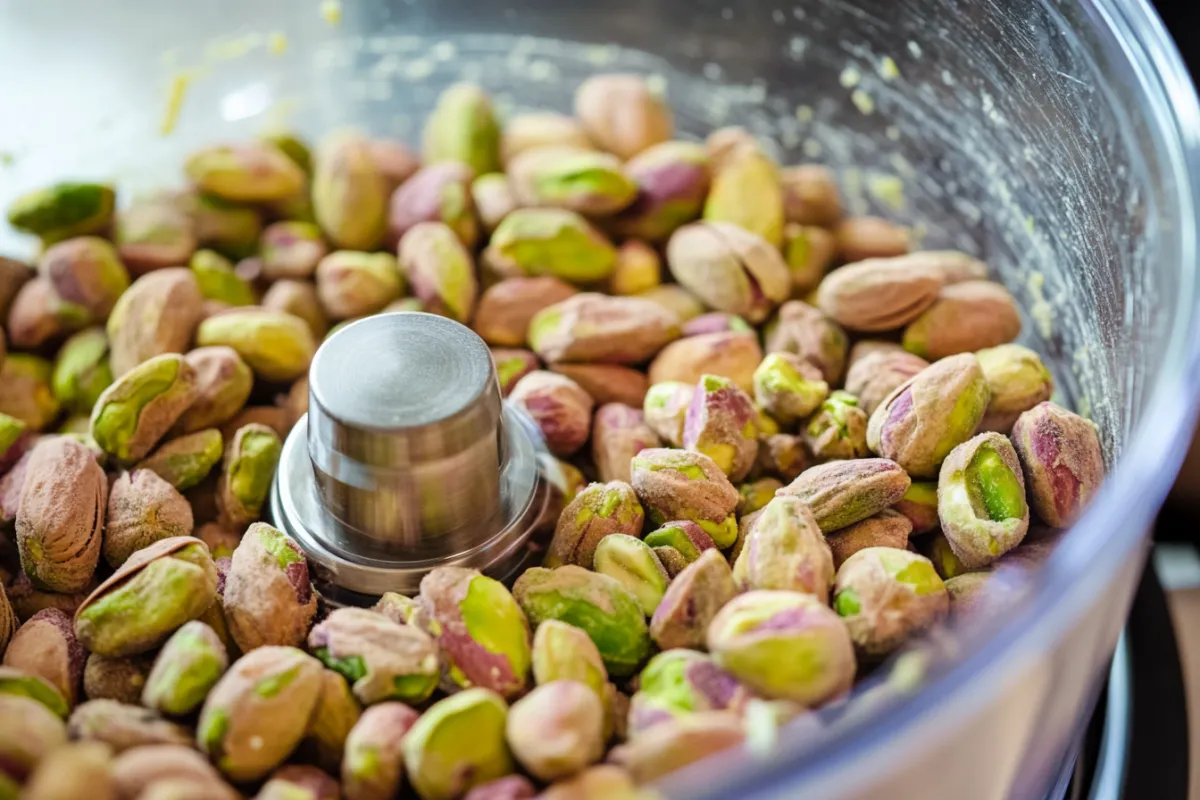 Blending roasted pistachios in a food processor.