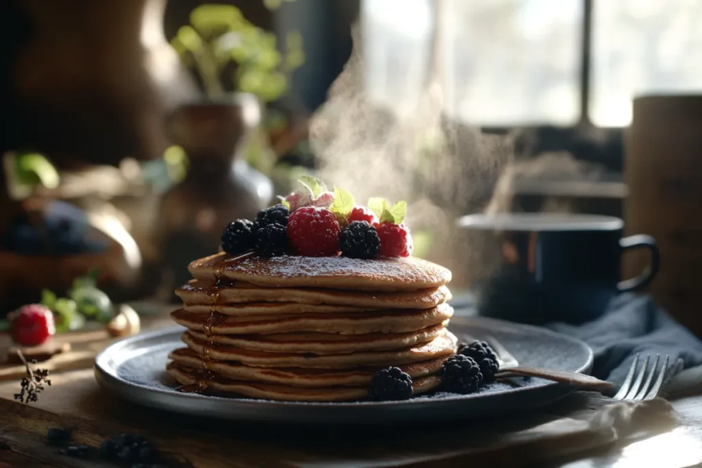 Plate of fluffy buckwheat pancakes topped with fresh berries