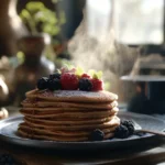 Plate of fluffy buckwheat pancakes topped with fresh berries