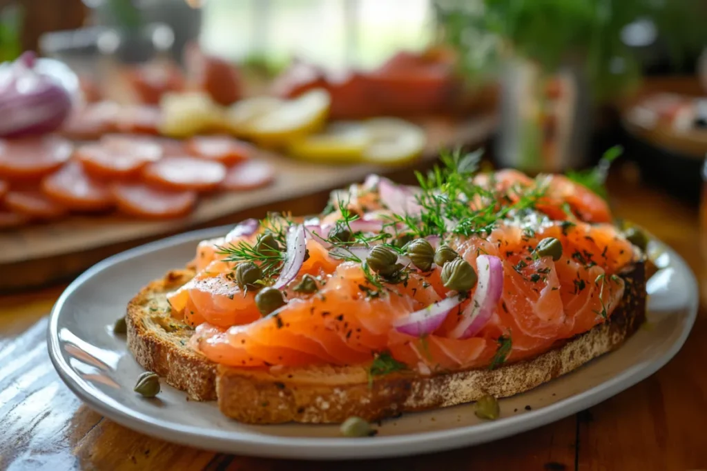 Smoked salmon on sourdough toast with fresh dill, capers, and red onions