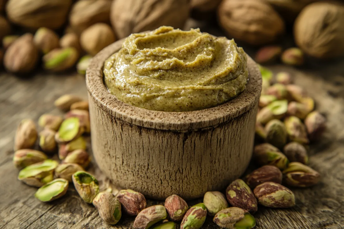 Homemade pistachio butter in a jar