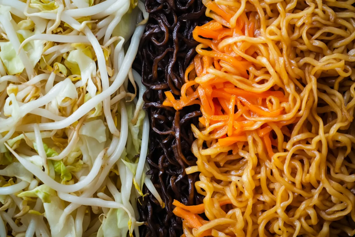 Chow mein and yakisoba noodles side by side