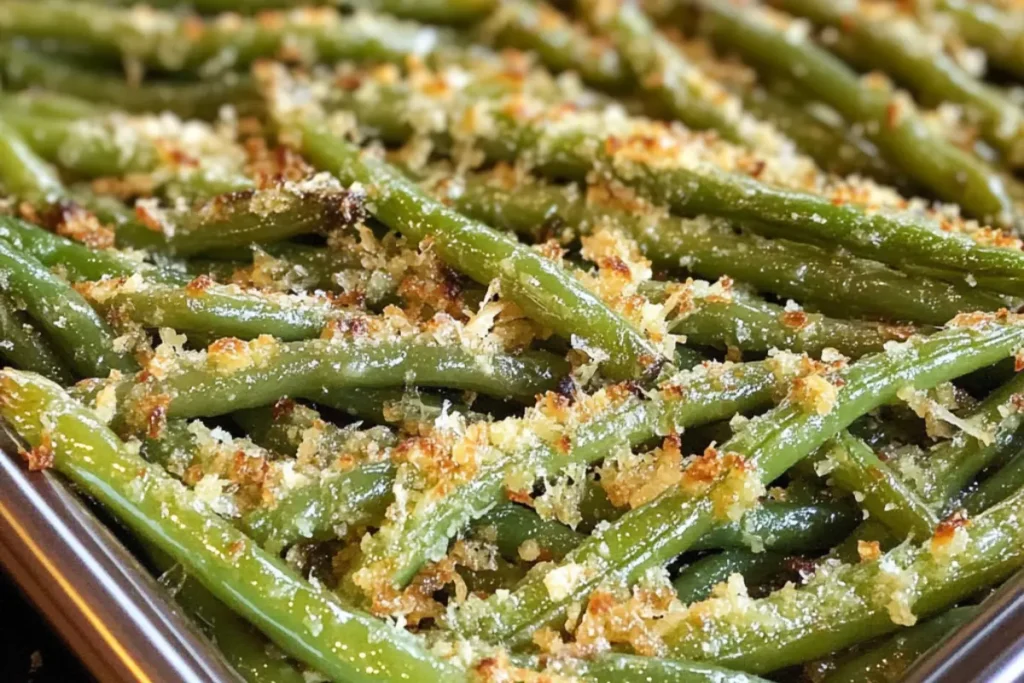 Baked green beans served crispy and seasoned.