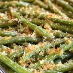 Baked green beans served crispy and seasoned.