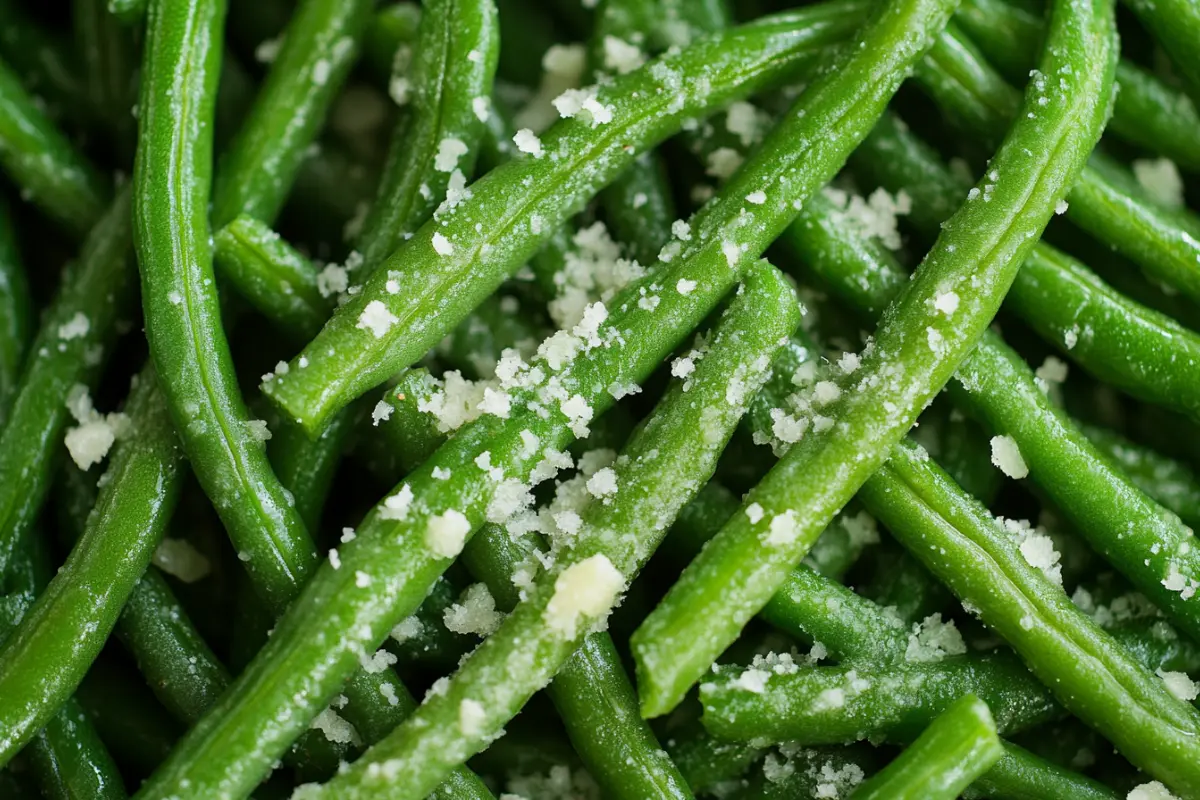 Baked green beans served crispy and seasoned.