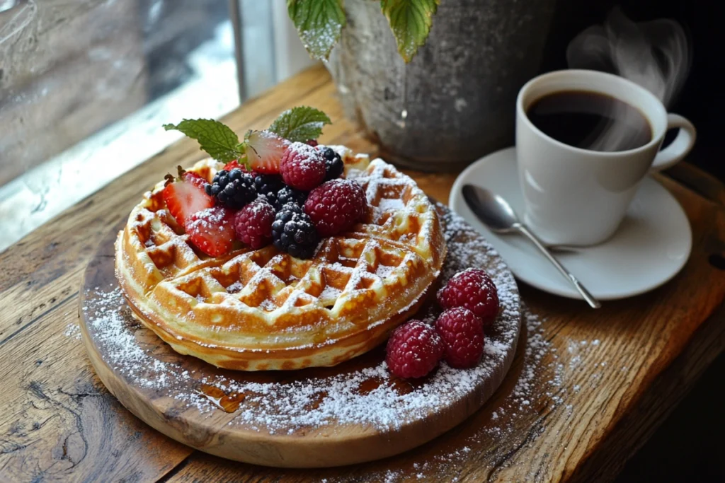 Golden, crispy homemade waffle topped with fresh berries and syrup