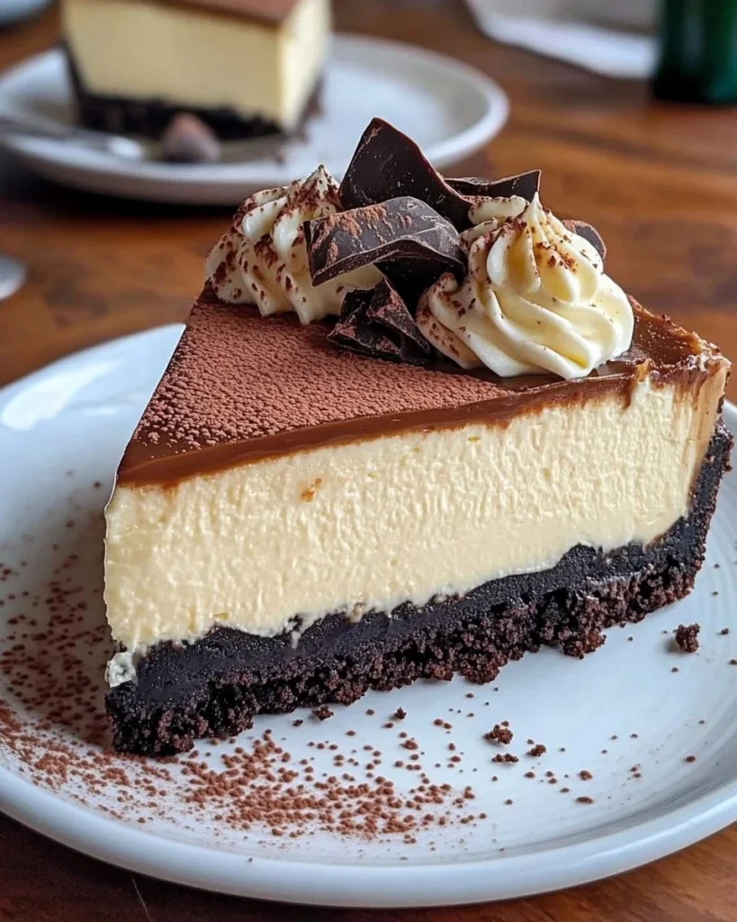Delicious Baileys Irish Cream Cheesecake topped with chocolate garnish