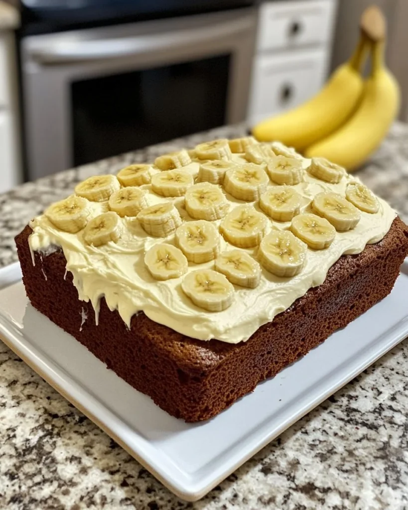 Delicious banana bread cake with cream cheese frosting on a rustic wooden table.
