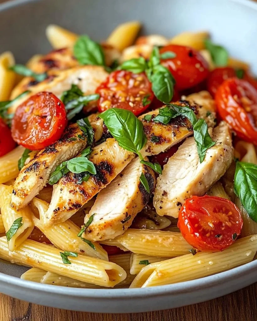 Delicious Bruschetta Chicken Pasta garnished with fresh herbs and tomatoes.
