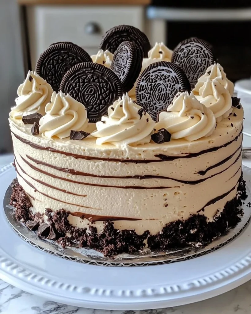 Delicious Cookies and Cream Cake decorated with chocolate cookie crumbles