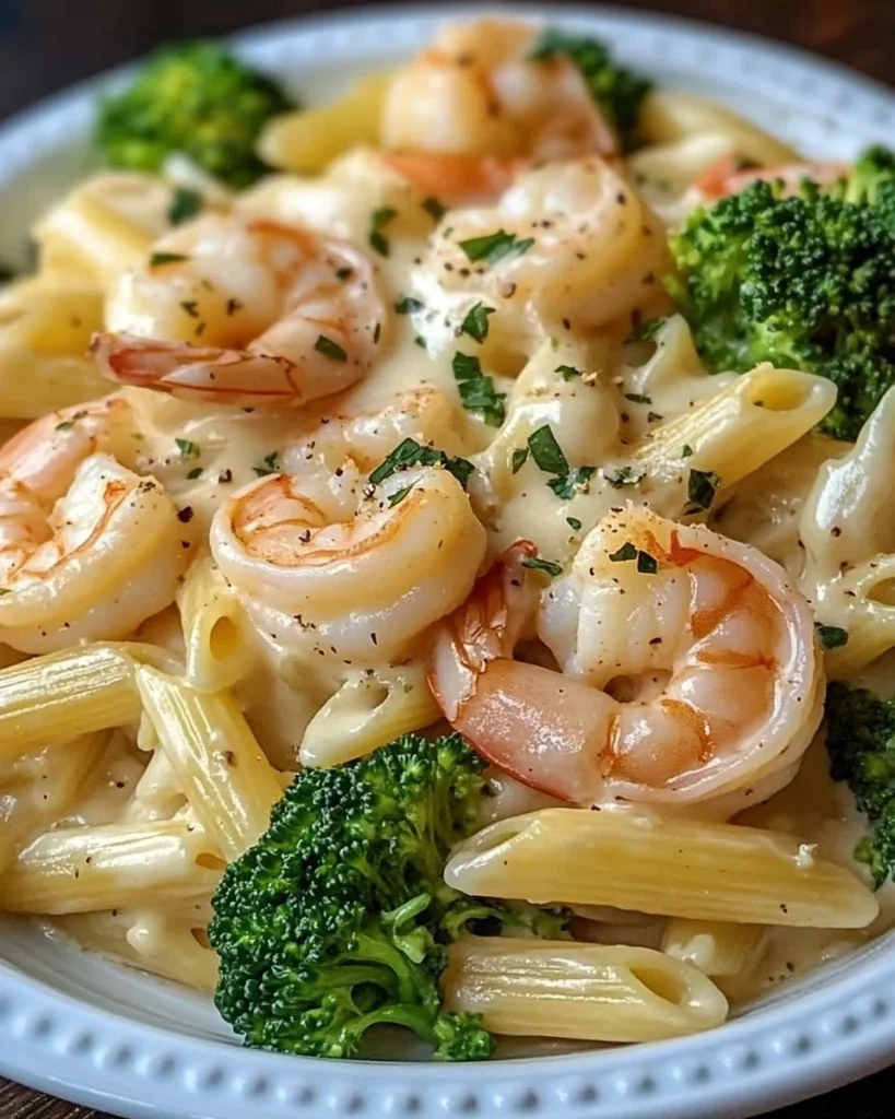 Creamy shrimp alfredo pasta with broccoli served in a bowl.