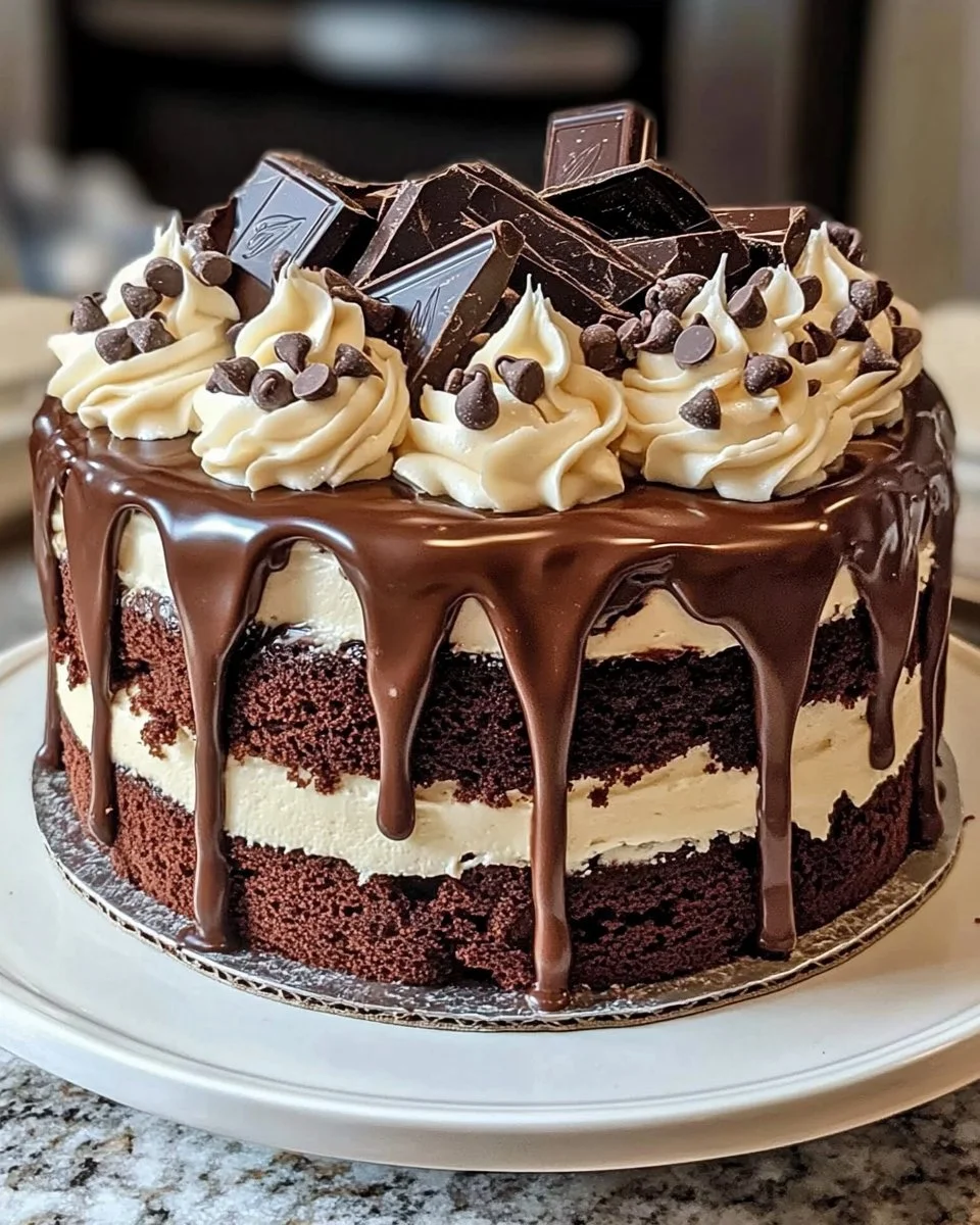 Exquisite layered chocolate fudge cake with rich chocolate frosting and decorations