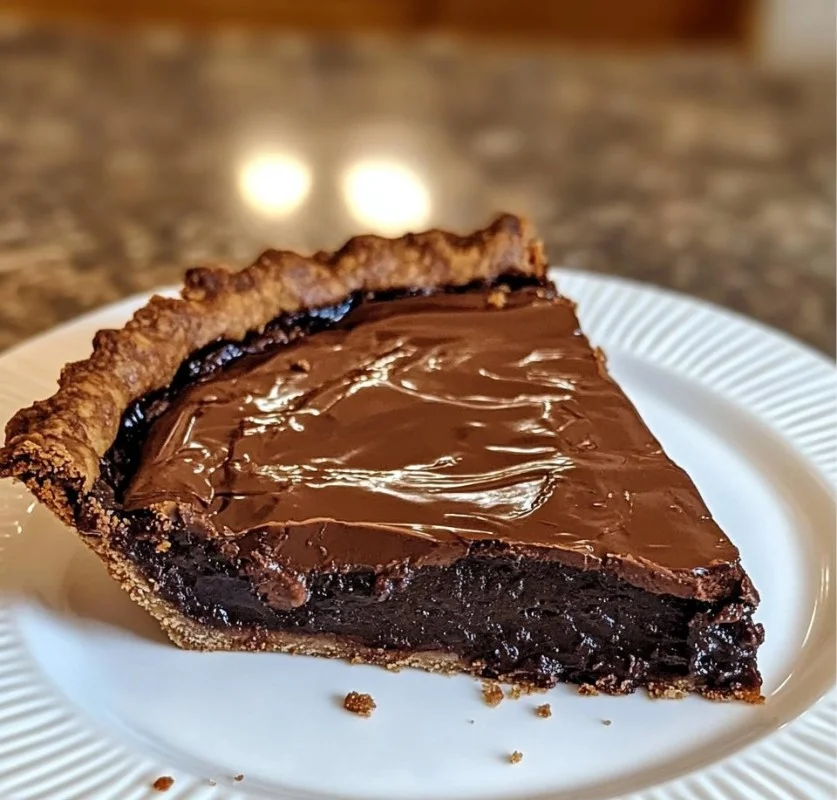 Gooey brownie pie served with a scoop of vanilla ice cream on the side