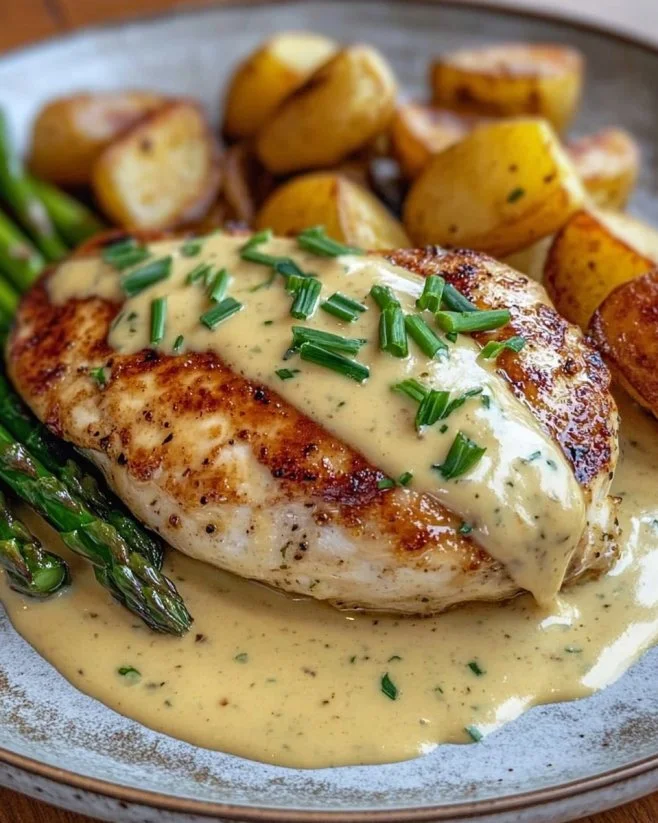 Honey Mustard Chicken served with roasted asparagus and cheese