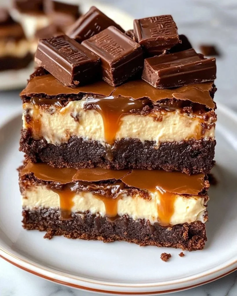 Milky Way caramel cheesecake brownies with chocolate drizzle and caramel topping