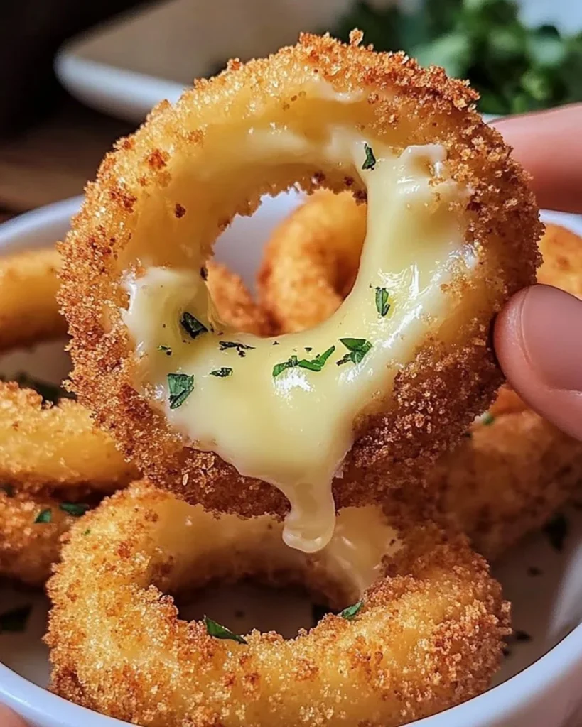 Plate of mozzarella-stuffed onion rings drizzled with garlic butter.