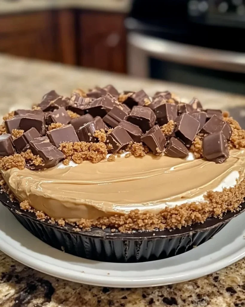 No-Bake Reese's Peanut Butter Cup Pie topped with chocolate and peanut butter