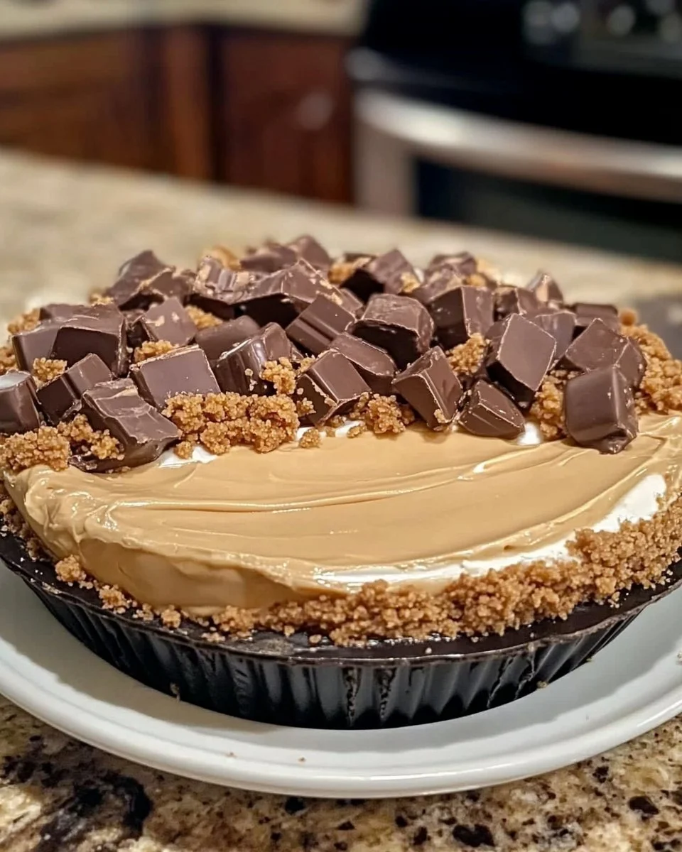 No-Bake Reese's Peanut Butter Cup Pie topped with chocolate and peanut butter