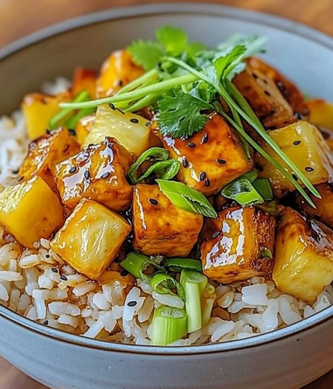 Delicious plate of Pineapple Chicken served with rice and fresh herbs