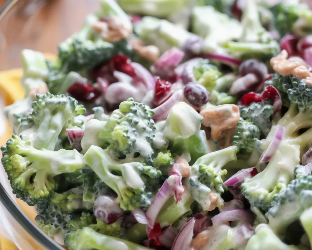 Delicious broccoli salad with creamy dressing, almonds, and cranberries on a plate.