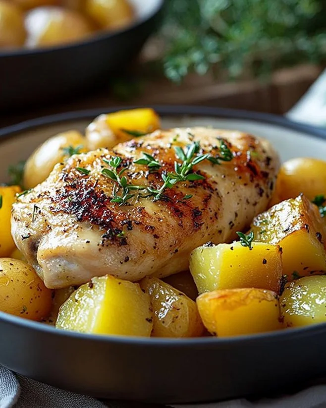 Slow Cooker Garlic Herb Chicken served with Cheddar Potatoes in a cozy kitchen setting.