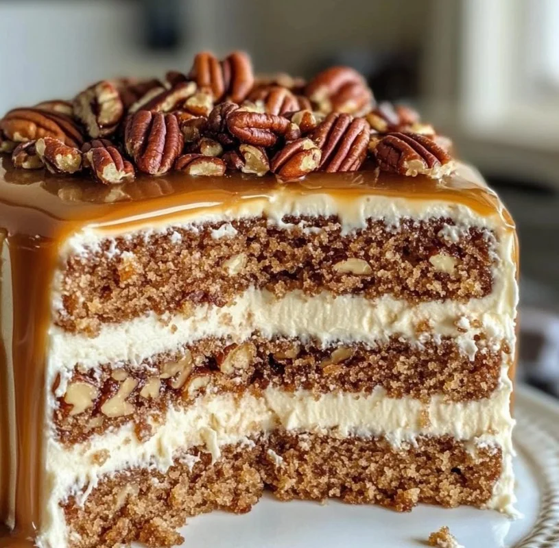 Slice of Southern pecan caramel cake topped with nuts and caramel drizzle